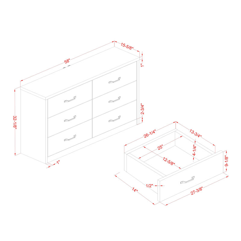 Commode en bois manufacturé à 6 tiroirs avec tiroirs imbriqués Camberley