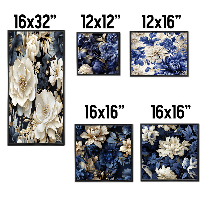 Rella - Ensemble de 5 impressions murales sur toile florale, Cadre flottant noir