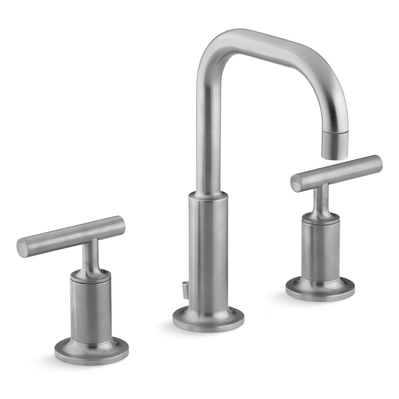 Purist Widespread Faucet with Drain Assembly Low Lever Handles and Low Gooseneck Spout, Brushed Chrome