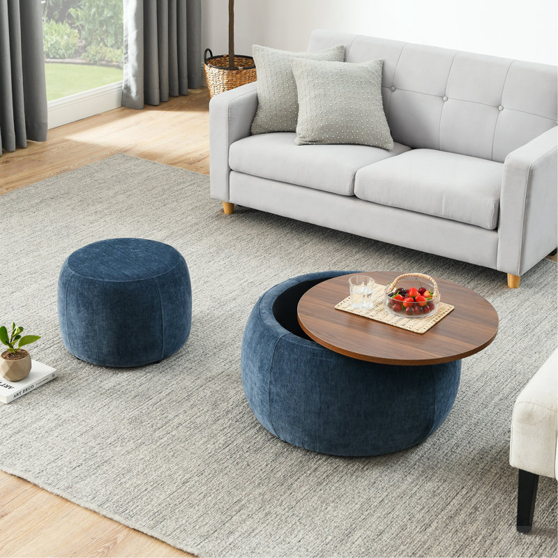 Repose-pieds rond avec rangement, fonction 2 en 1, table de bout avec repose-pieds, avec petit siège, bleu foncé (25 po x 25 po x 14,7 po)