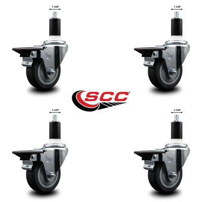 Thermoplastic Rubber Swivel Expanding Stem Caster Set with Brake SCC PLB 3.5" x 1-3/8"