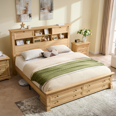 Farmhouse Storage King Bed Frame with 2 Underbed Drawers, Storage Headboard with 2 Bedside Drawers & Open Bookcase Shelves, Charging Station Included