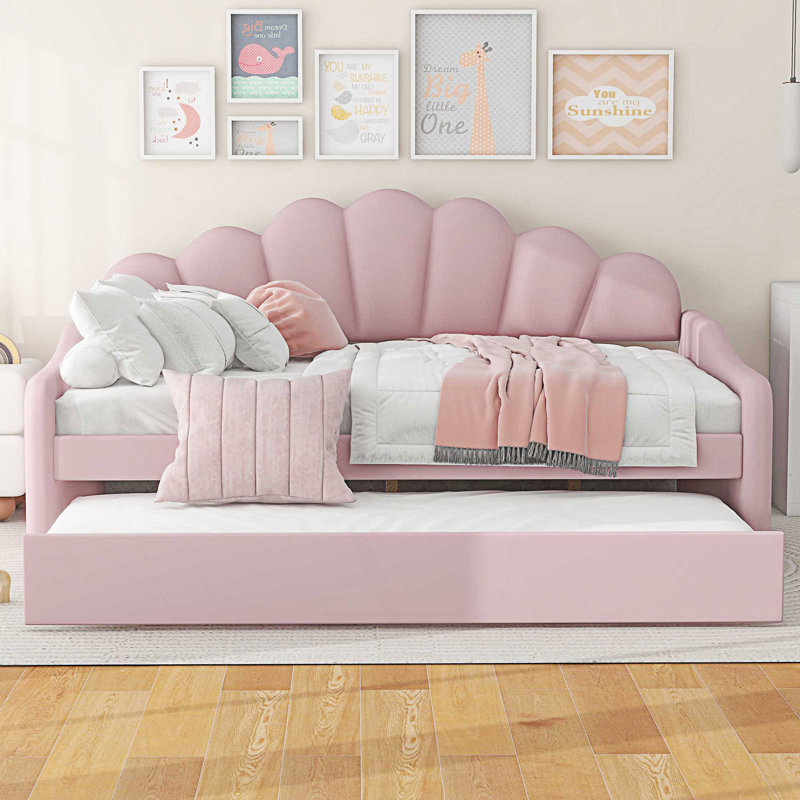 Full Size Upholstery Daybed Frame With Shall Shaped Backrest And Trundle, Day Bed, Pink