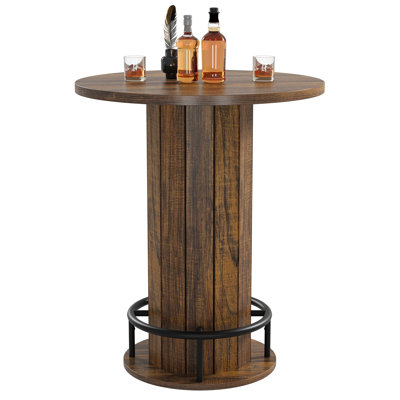 Round Counter Height Bistro Pub Table Equipped with Circular Foot Rest, Multi-scene Cocktail Table for Compact Indoor Living and Dining Areas, Natural Wood(Table Only)
