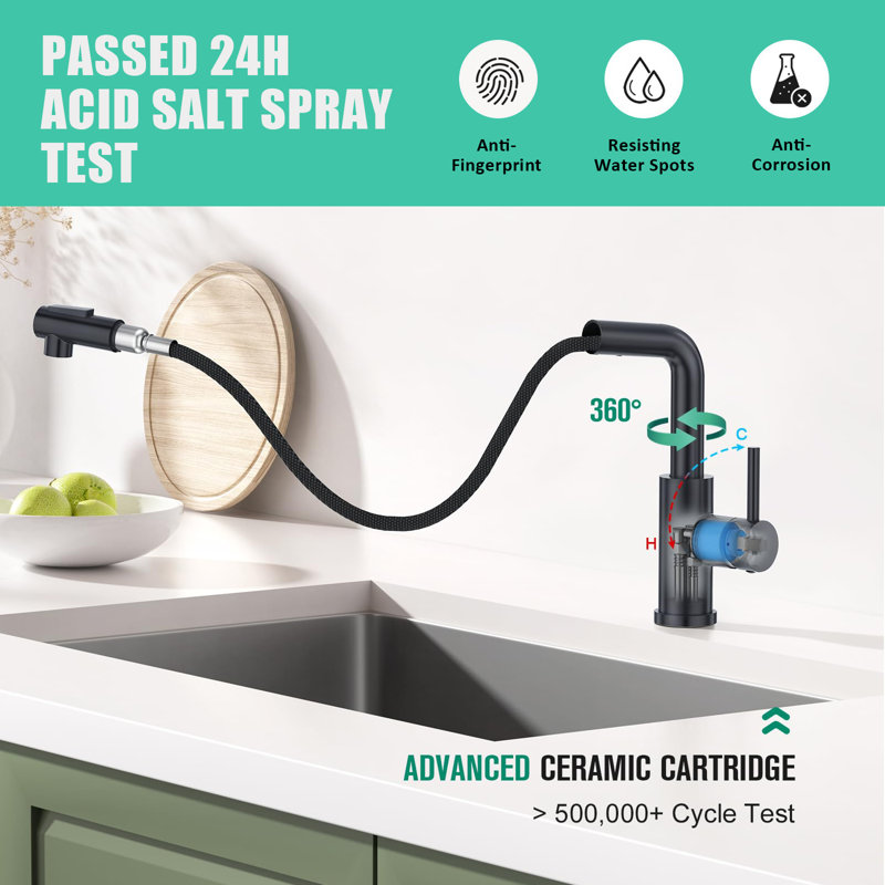Sink Faucet With Sprayer - Pull-Out Faucet - Single Hole Single Handle Lever Faucet, Matte Black