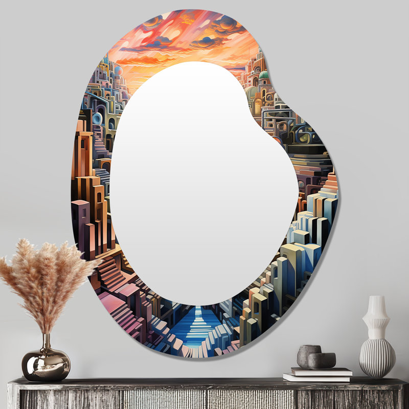 «Geometric Futur City River» - miroir de forme unique Waves, miroir mural asymétrique orange unique, impression d'art en métal