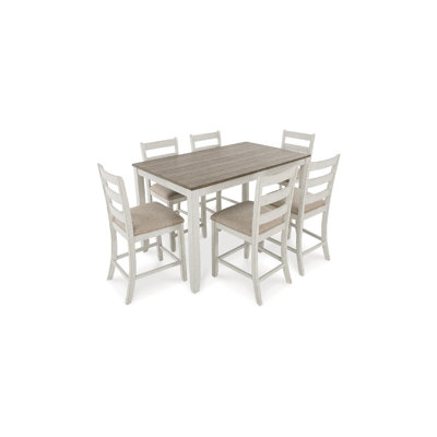 Ensemble de table de salle à manger à hauteur de comptoir 7 pièces Kemo, 6 chaises à dossier échelle, brun blanc