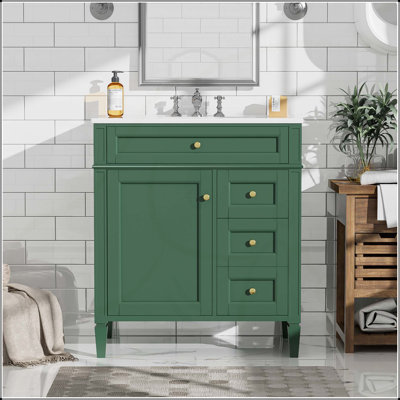 30'' Retro Style Bathroom Vanity with Ceramic Sink, Solid Wood Frame, and Ample Storage