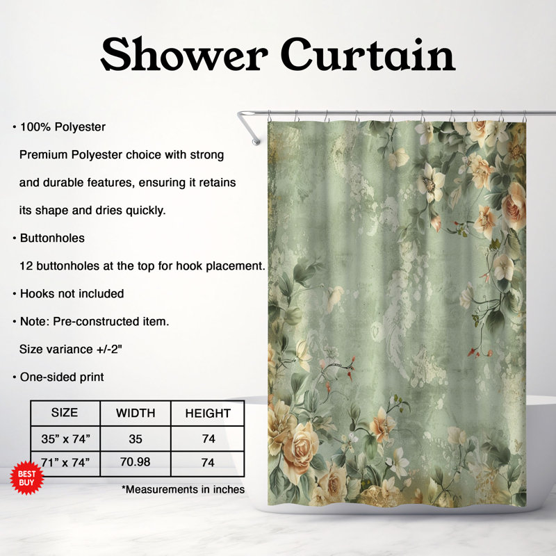 Rideau de douche standard 1 pièce Weathered Green Blossoms, H 74 po x l 71 po