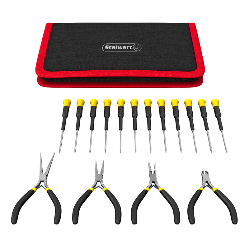 Ensemble de tournevis de précision 16 pièces Stalwart - Trousse d'outils électroniques avec tournevis à pointe magnétique, pinces et étui