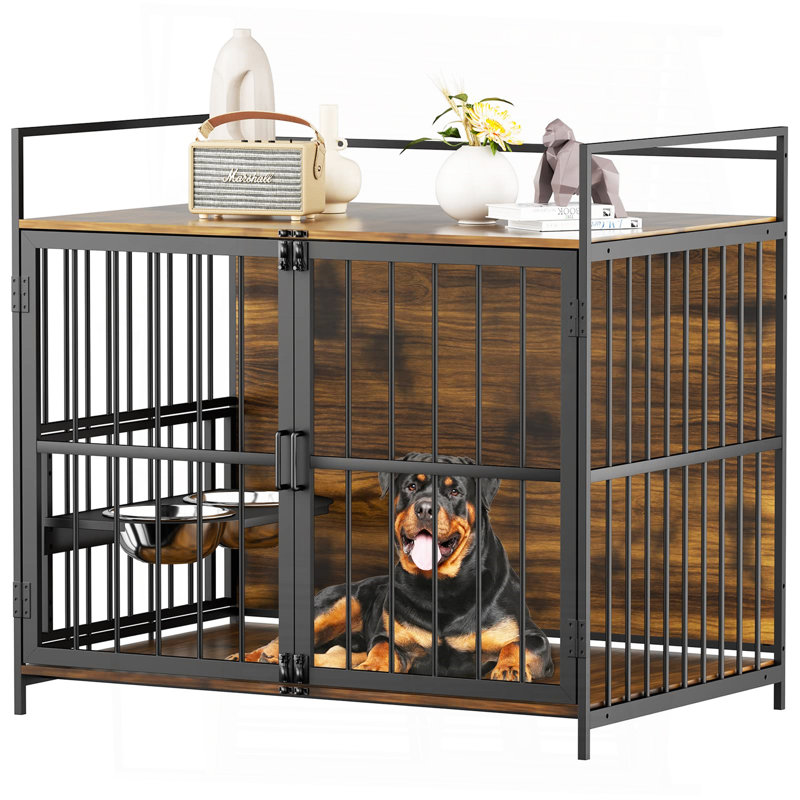 Grande cage pour chien de style meuble avec mangeoire surélevée pour chiens à 360 ° et réglable de 48 po