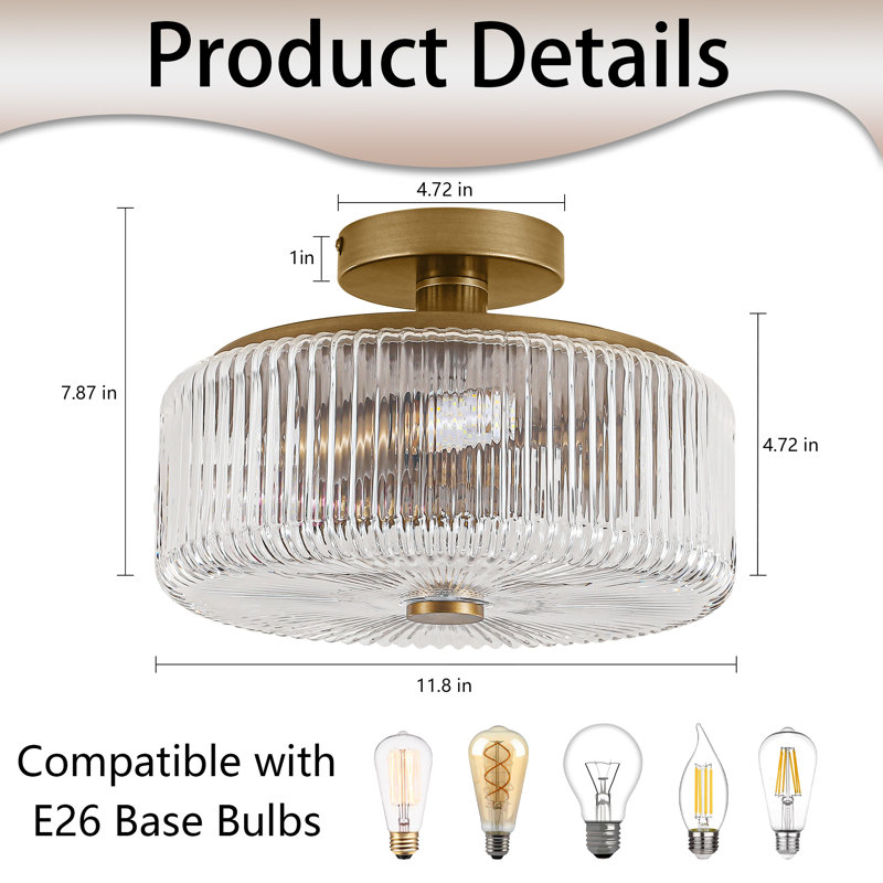 3-Light Semi Flush Mount Ceiling Light Fixture, Golden Close To Ceiling Light With Glass Shade