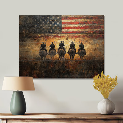 Cowboys et drapeau américain de la guerre de Sécession - Art mural en bois des États-Unis - sur bois de pin naturel