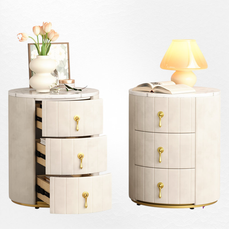 Table de chevet rembourrée à 3 tiroirs, Ensemble de 2, Beige