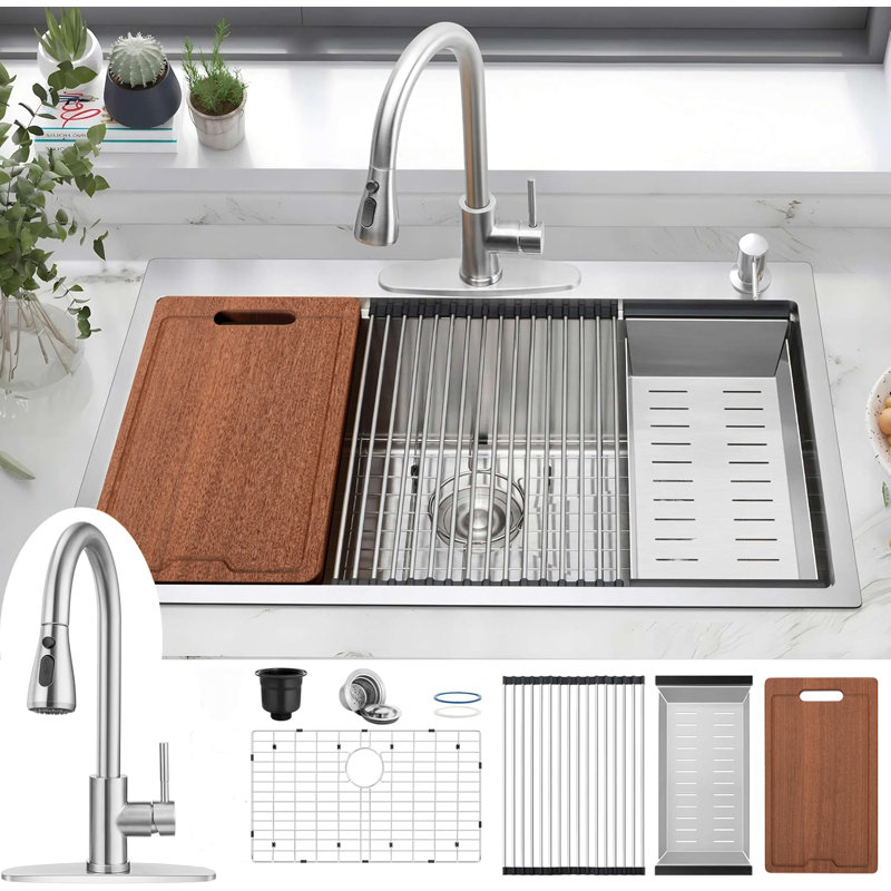 Drop-in 33-in X 22-in Stainless Steel Single Bowl Kitchen Sink All-in-one Kit With Faucet