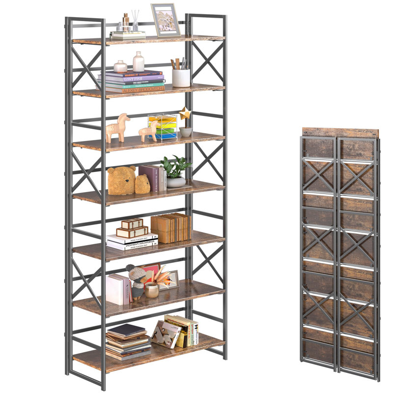 Bibliothèque 7 étages sans assemblage, design rétro, espace de rangement pratique, Rustic Brown Black