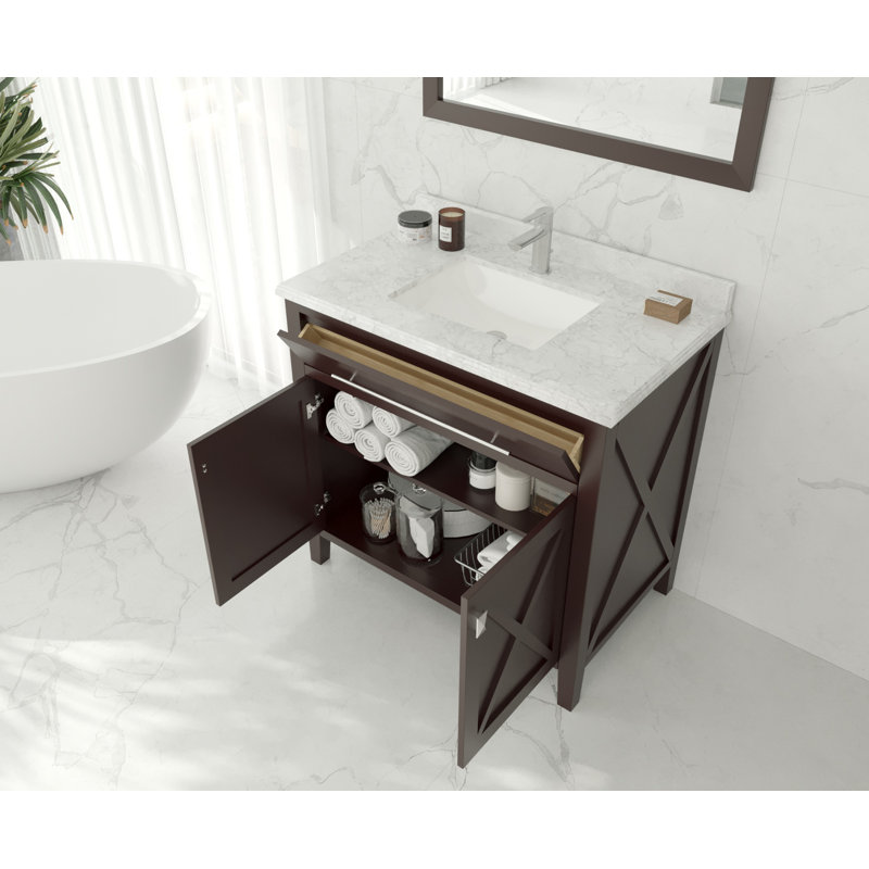 Pyles 36'' Single Bathroom Vanity with Solid Surface Top, Brown, Matte White