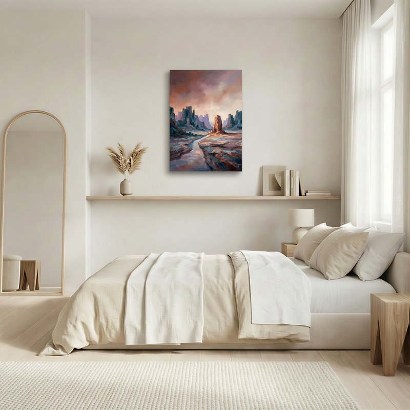 Formations rocheuses bleues et oranges se détachant sur un ciel au coucher du soleil - Tableau sur toile, H 36 po x l 24 po