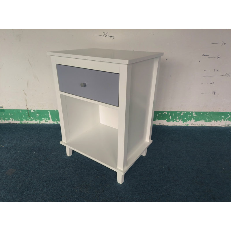 26.77''H Wooden Nightstand With One Drawer One Shelf For Kids, Adults+Handle, White/Gray