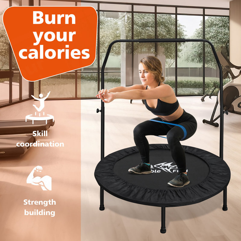 Mini trampoline réglable de haute qualité à poignée en mousse de 48 po - Peut supporter jusqu'à 400 lb, rebondisseur rectangulaire noir pour adultes - idéal pour les entraînements intérieurs et extérieurs