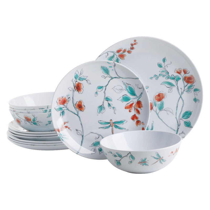 Ensemble de vaisselle en mélamine 12 pièces Martha Stewart Sugarfield Dragonfly, blanc