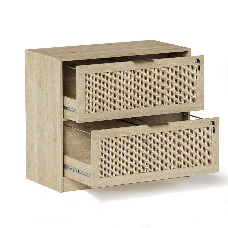 Classeur en rotin l 31,1 po avec 2 tiroirs et serrure, Bois naturel