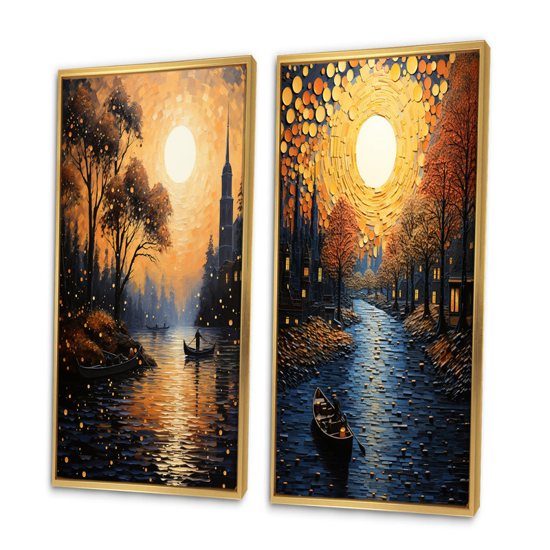«Yellow Canal Golden Hour Glow», 2 pièces sur toile, Encadrement doré, H 20 po x l 24 po