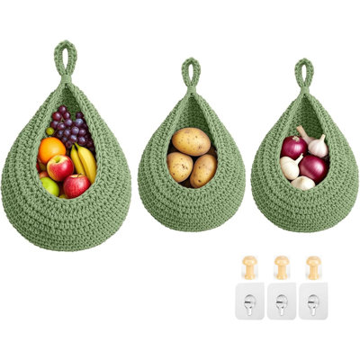 Hanging Fruit Baskets For Kitchen, 3 Pack Boho Cotton Rope Handwoven Vegetable Storage Wall Mounted Large Organizing Basket For Farmhouse Decor, Onion, Potato, Garlic And Plants