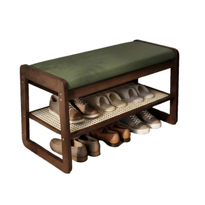 Banc à chaussures, banc d'entrée en bambou avec coussin et rangement caché, range-chaussures pour vestibule, garde-robe, porte d'entrée, vestibule, salon, 2 niveaux (vert)