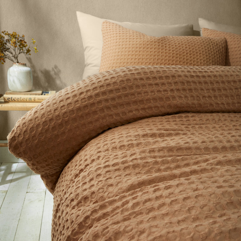Muscat Waffle Duvet Cover Set Polyester Solid Colour Duvet Cover Set with Pillowcases Included, Orange