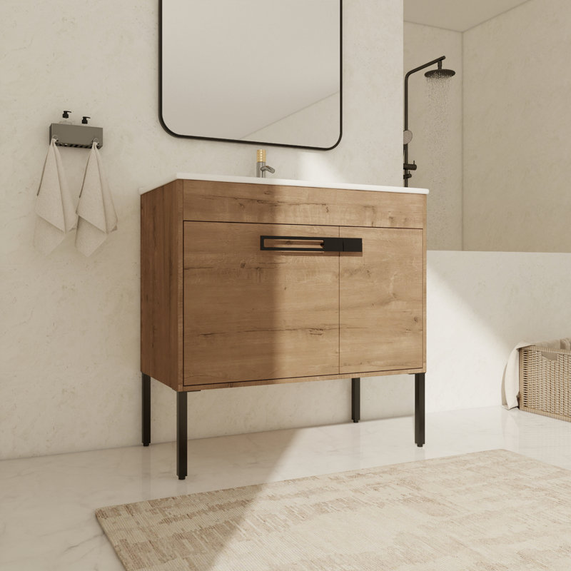 Brodench 36.03'' Single Bathroom Vanity with Ceramic Top, Imitative Oak