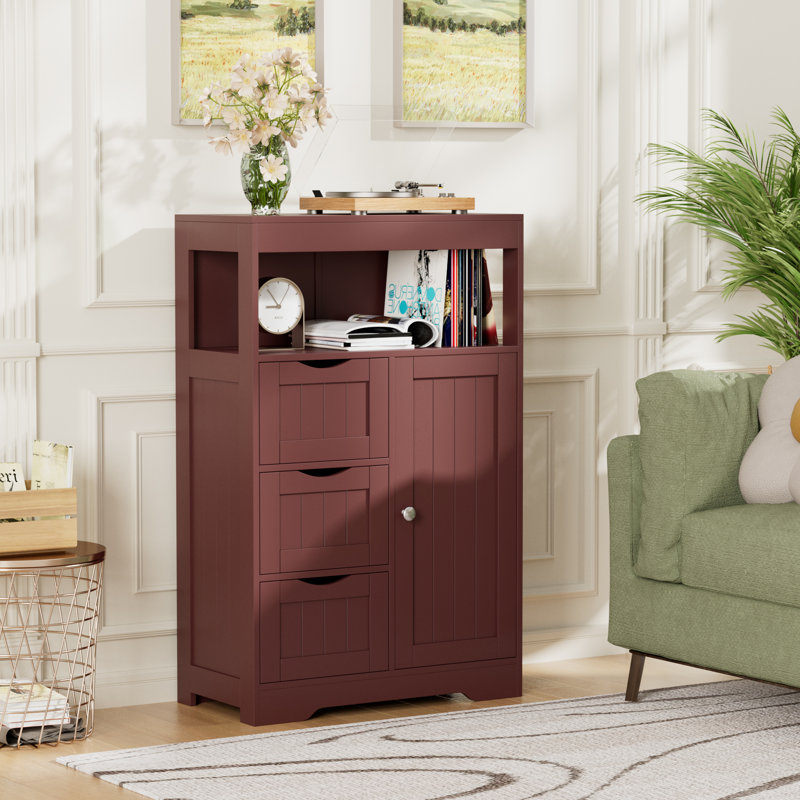 Bathroom Floor Cabinet, Wooden Free-Standing Storage Organizer with 1 Door and 3 Drawers, Bathroom Storage Cabinet for Living Room/Kitchen/Hallway/Home Office