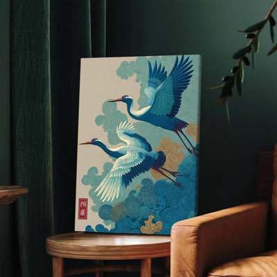 1PC Wall Arts Posters Framed,  Vintage Chinese Style Canvas Wall Art with Flying Cranes and Cloud Patterns Traditional Oriental Home Decor Painting for Living Room Bedroom Office Decoration Unique Cultural Artwork Gift Idea