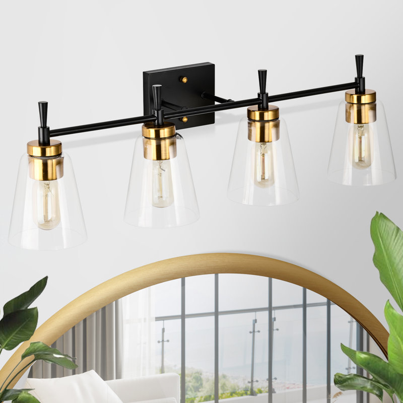 4 - Light Dimmable Vanity Light, Black/Antique Brass