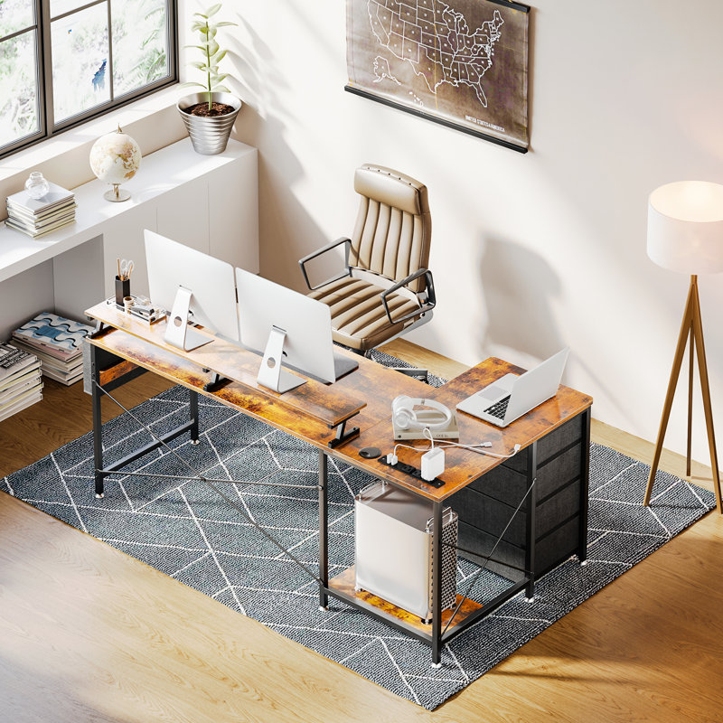 Eyerson L-Shaped Metal Base Writing Desk with Power Outlet, 33.30" H x 63" W x 31.50" D, Brown/Black