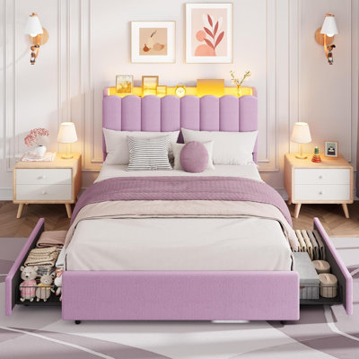 Twin LED Bed Frame, Storage Headboard, 2 Drawers, Boucle Upholstered Platform Bed, Purple