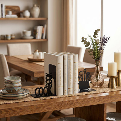 Black Metal Cut-Out Bookends Set – Decorative "COOK BOOK" Typography & Kitchen Utensil Silhouette Book Ends for Shelf and Desk
