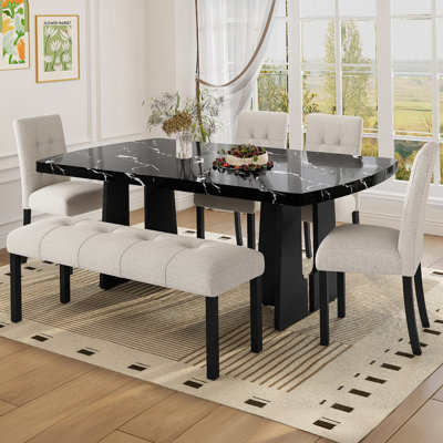 6 Piece Dining Table Set, Dining Table With 4 Upholstered Chairs And 1 Bench