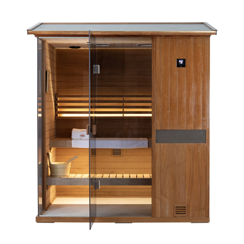Samsora Outdoor Traditional Steam Sauna For 3-Person 3800W, Mid-Infrared Lamp, 95℉-230℉, Mahogany Wood, Built-In Bluetooth Speaker, Includes Sauna Heater and Sauna Stone, Negative Ion Board