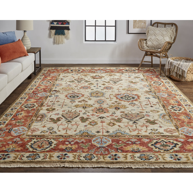 Carrington Hand Knotted Wool Oriental Area Rug in Ivory, Rectangle 11'6" x 15'