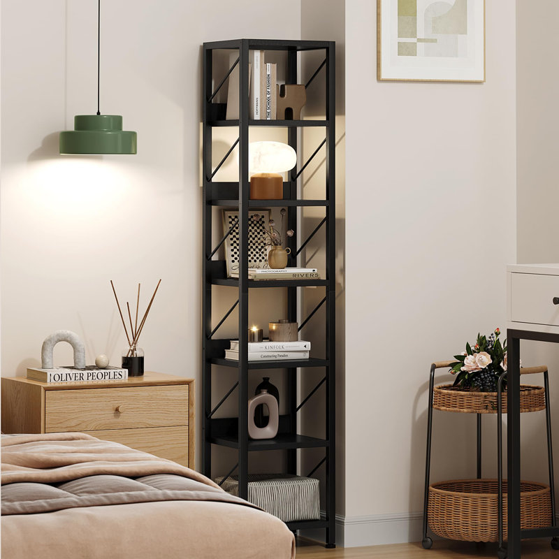Narrow Bookshelf Tall Skinny Bookcase 6 Tier Storage Rack, Black