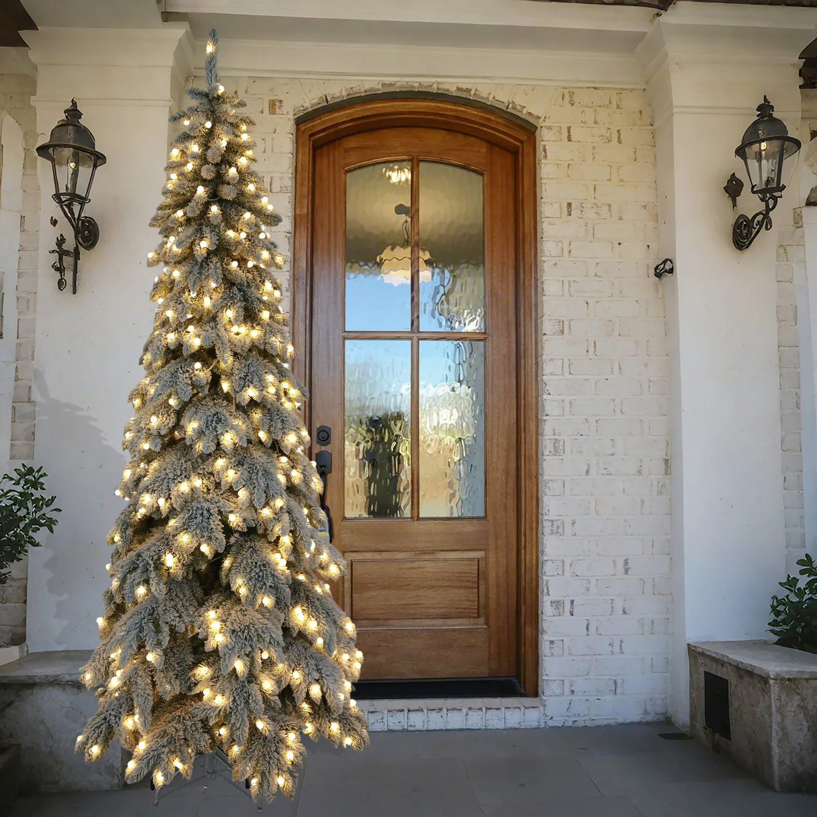 7.58 Ft Artificial Pre-Lit Christmas Tree With Lights, Snow Flocked Farmhouse Greenery Xmas Tree With Branch Tips Sturdy Metal Stand