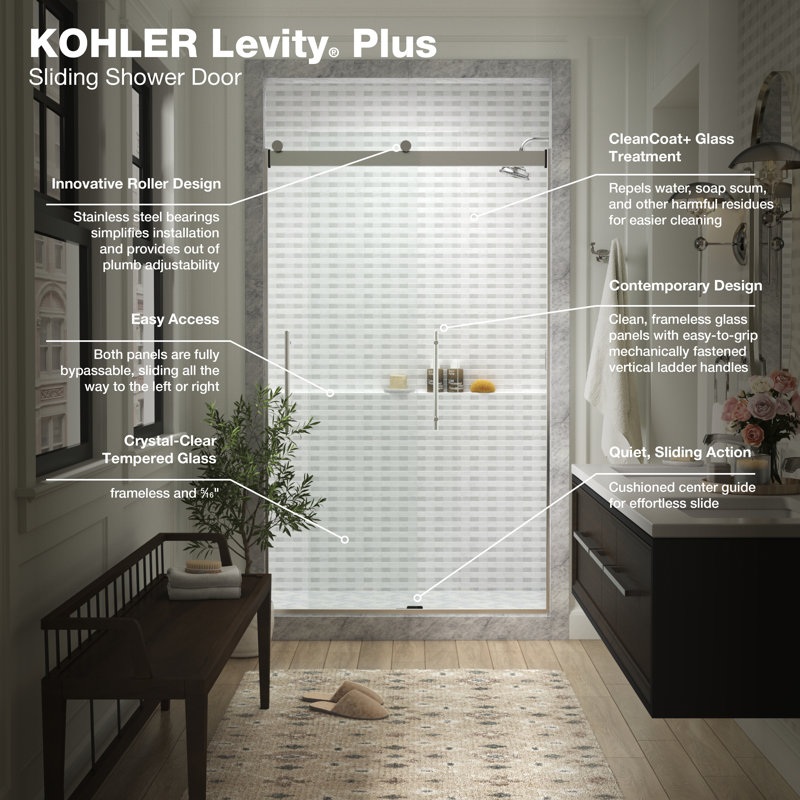 Levity Plus Less Sliding Shower Door, 77-9/16 In. H X 44-5/8 - 47-5/8 In. W, With 5/16 In.-Thick Crystal Clear Glass, Silver