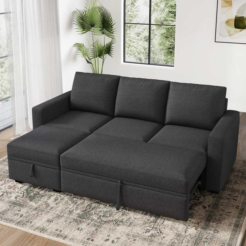 Canapé-lit modulaire en L coulissant avec rangement, Polyester gris foncé