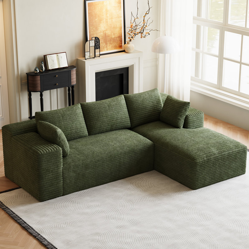 Boneless Freely Movable Modular Sectional Sofa Corduroy Couch For Living Room, Right Hand Facing, Green Corduroy