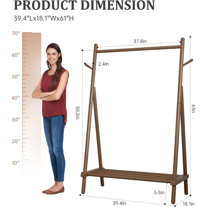 Adryell Solid Wood Clothing Rack, Freestanding Garment Organizer with Bottom Shelf and Side Hooks, Brown