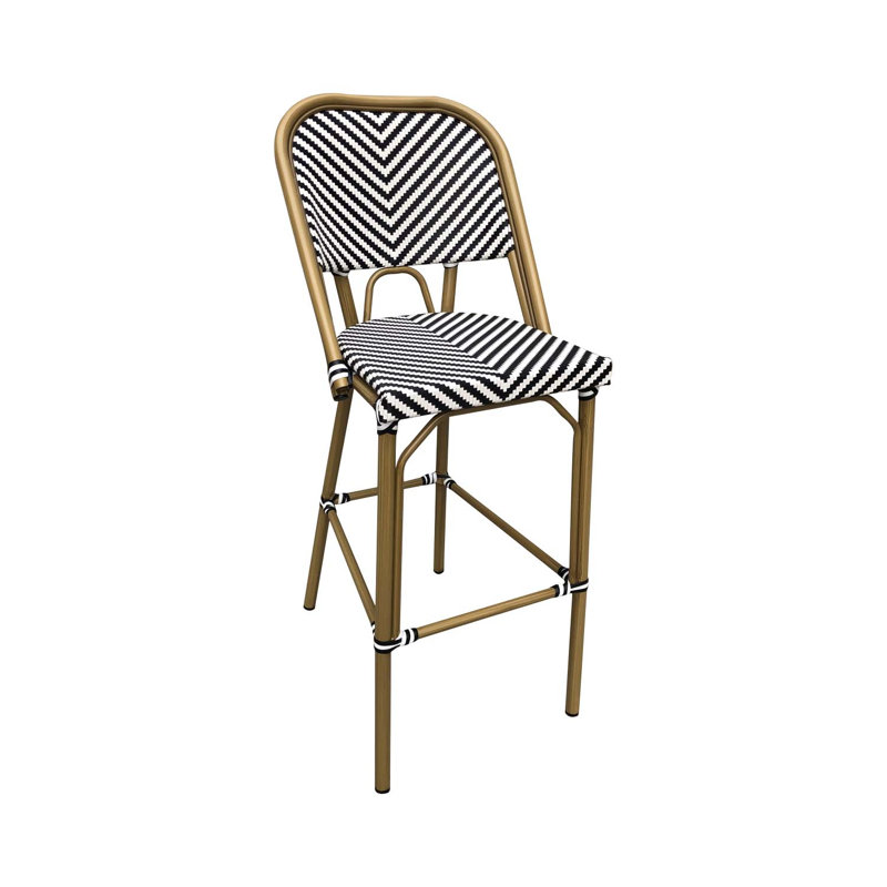 Tabouret de bar en aluminium de style bambou sans accoudoirs avec siège et dossier tissés à rayures