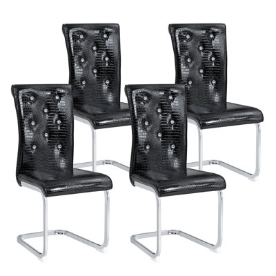 Set Of 2 Retro Alligator Skin Upholstered Dining Chairs With Crystal Buckle And Faux Leather, Metal Legs