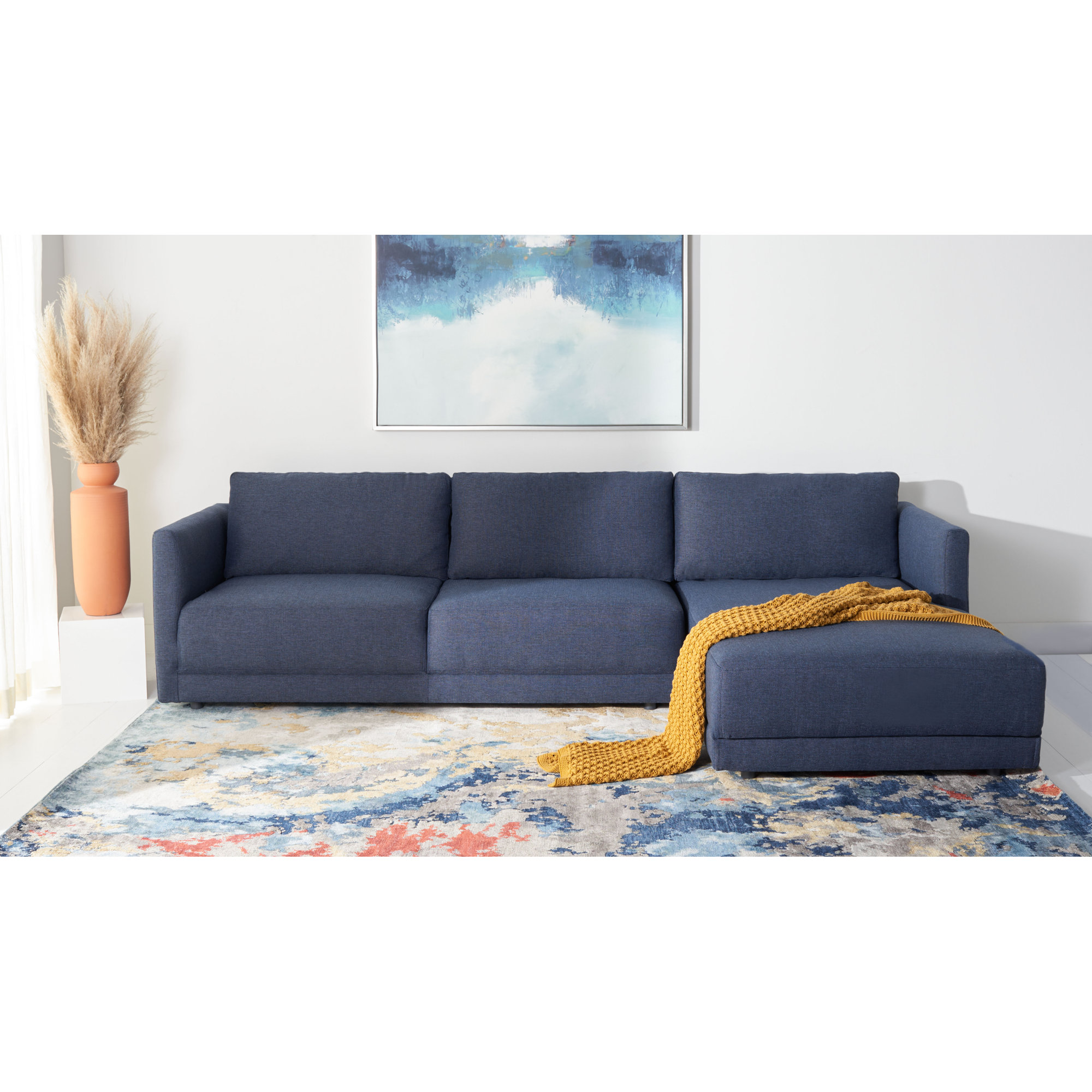 Kayden Upholstered Chaise L-Sectional, Dark Blue Linen Blend, Right Hand Facing