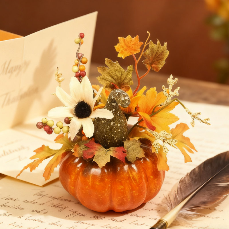 Mini statue de citrouille de 15 cm avec des feuilles d'érable artificielles, des baies et des gourdes, décoration de la récolte d'automne de l'Action de grâce, centre de table, style C